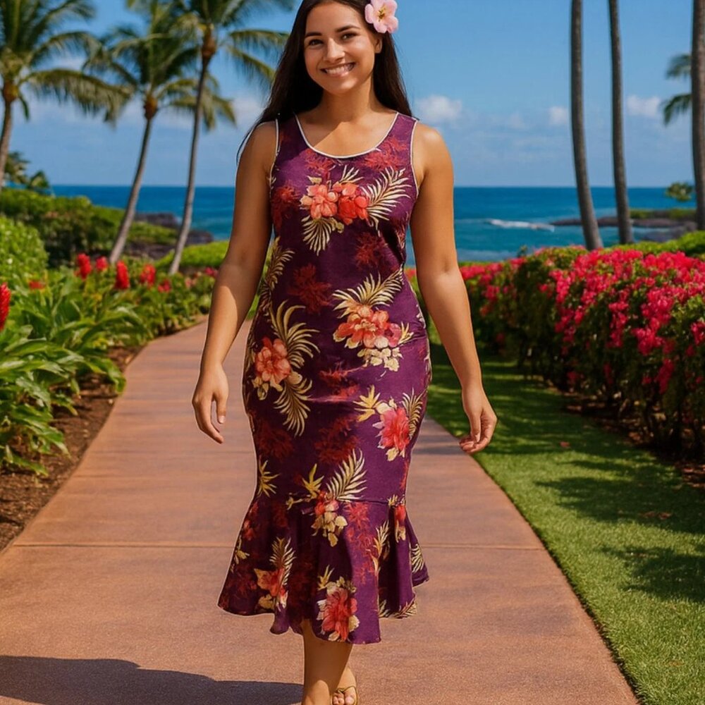 Two Palms Made In Hawaii , Hawaiian floral purple dress sz Large